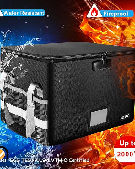 ENGPOW File Box with Lock, Fireproof Document Box with Pockets, Collapsible File Organizer Filing Storage Cabinet with Handle, Portable Home Office Safe for Hanging Letter/Legal Folders,Black,2 Pack