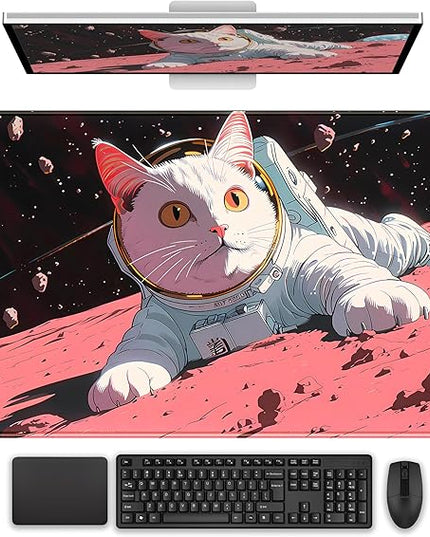 Cat Desk Mat Full Desk Mouse Pad Gaming Mat XXL, Fun Desktop Mats Computer Keyboard Pad Extra Large Mouse Mat, Laptop Mat with Stitched Edges, Office & Home Decor for Women 31.5" x 15.7"