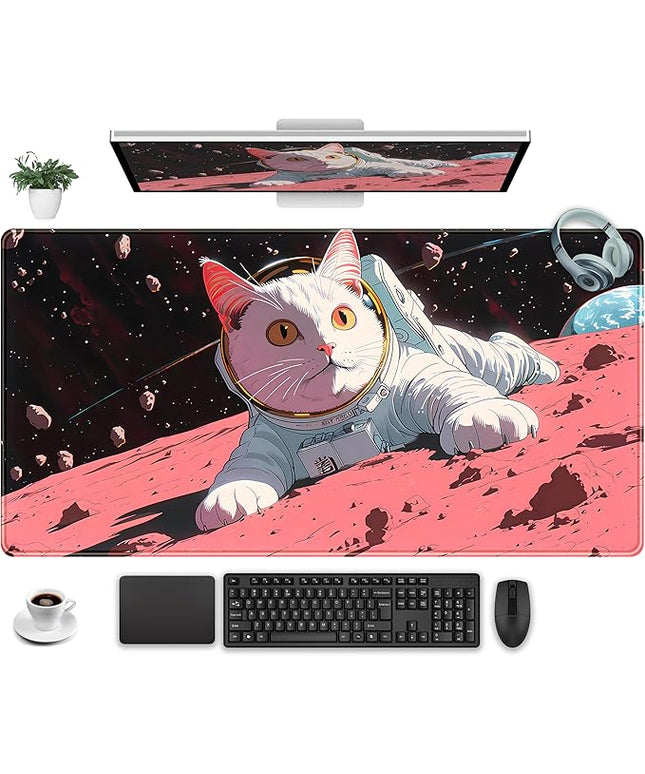 Cat Desk Mat Full Desk Mouse Pad Gaming Mat XXL, Fun Desktop Mats Computer Keyboard Pad Extra Large Mouse Mat, Laptop Mat with Stitched Edges, Office & Home Decor for Women 31.5" x 15.7"