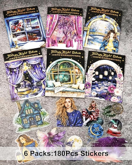 AuriicLeaf Fantasy Night Dream PET Stickers Set, 180Pcs Mystical Celestial Stickers for Journaling, Scrapbooking, DIY Crafts, Planners, and Collage Art