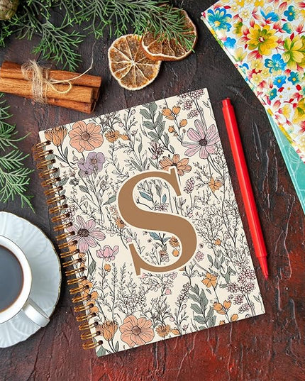 JXREQ Vintage Boho Floral Personalized Notebook, Initial Letter S Notebook Journal, Monogram Notebook, Monogrammed Gifts for Women, Boho Office Supplies, Flower Spiral Notebook 5.5x8.3