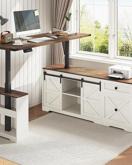63" Farmhouse Electric Standing Desk Adjustable Height Sit Stand Corner Stand Desks, L Shaped Standing Computer Desk with Power Outlets & Storage Drawers & Sliding Door for Home Office, White
