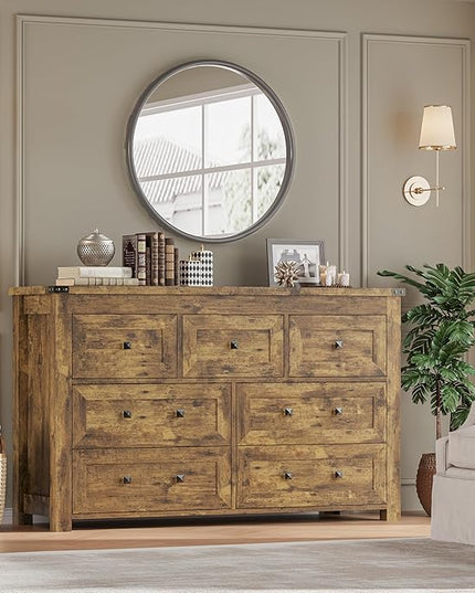 BORNOON 7-Drawer Dresser, Modern Wooden Storage Chest of Drawers, Dresser TV Stand, Wood Drawer Organizer with Metal Handles for Bedroom, Living Room, Hallway