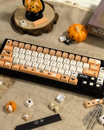 Orange and Black Key Caps - Cute Cherry Profile PBT Keycap, Dye Sublimation Halloween Key Caps for Ergonomic Keyboard, 130 Keys