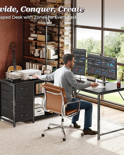 PRAISUN 53" L Shaped Desk with Power Outlets and USB-C Port, Reversible Computer Corner Office Desk with 4 Fabric Drawers and 2 Height-Adjustable Shelves, Large for Gaming Writing Work Study, Black