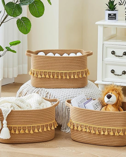 Storage Bins Woven Baskets for Storage Set of 3, Cotton Rope Basket with Handles for Toys/Shelves/Laundry, Rectangle Multi-Purpose Organizer for Living Room, Bedroom, Nursery (Brown)