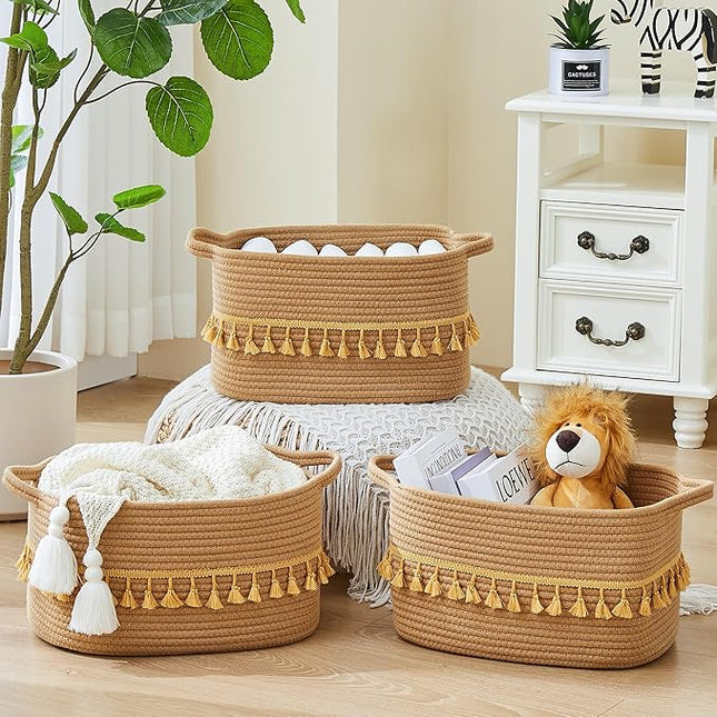 Storage Bins Woven Baskets for Storage Set of 3, Cotton Rope Basket with Handles for Toys/Shelves/Laundry, Rectangle Multi-Purpose Organizer for Living Room, Bedroom, Nursery (Brown)