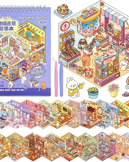ASTARON 20 Sets DIY 3D Sticker Scene Book Sticker Therapy for Adults, Make Your Own Mini Cozy Shop House Room Stickers Cute Cartoon Miniature Stickers for Girls, Relief Stress Pass The Time