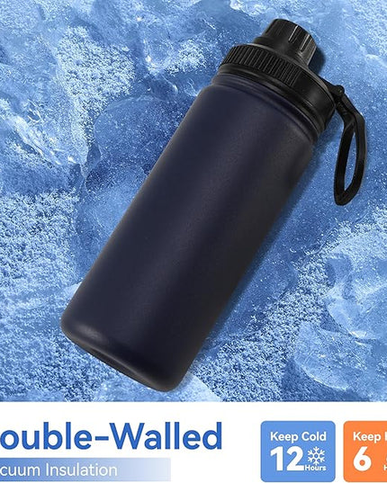 DOMICARE 16 oz Kids Water Bottle for School Stainless Steel Double Wall Vacuum Insulated Water Bottle with Straw lids & Spout Lid, Leakproof BPA Free (Navy,4)