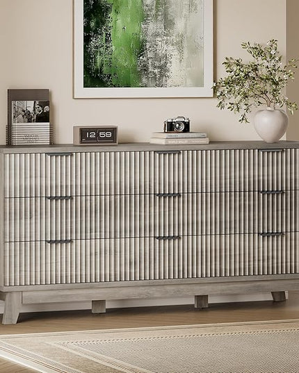 BORNOON 63" Long Dresser for Bedroom, 9-Drawer Fluted Dresser, Extra-Wide Wood Chest of Drawers with Smooth Metal Slides, Stable Base, Modern Clothes Storage Cabinet for Living Room, Hallway, Nursery
