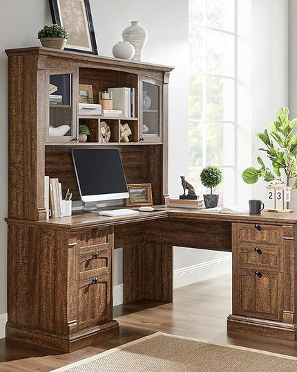 OKD 60" L Shaped Executive Desk with Hutch and Drawers, Farmhouse Home Office Desk with Charging Station, File Cabinet Storage, Wood Corner Computer Desk for Work and Study, Reclaimed Barnwood