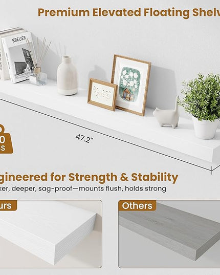 Fun Memories Floating Shelves 48 Inch, Extra Large Wood Shelf Set of 2, Hanging Wall Shelves for Bathroom, Living Room, Kitchen, Bedroom, White