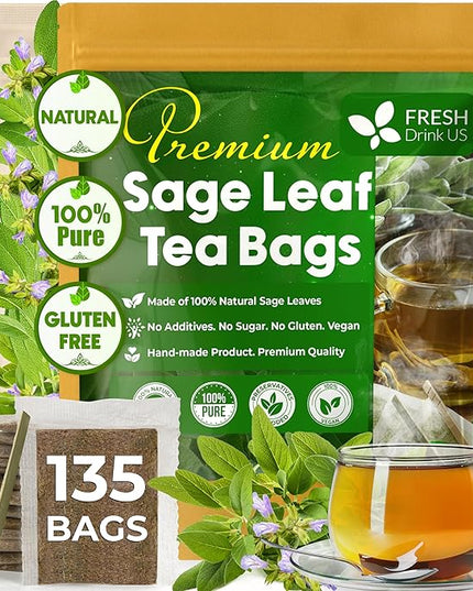 FreshDrinkUS, Premium 135 Sage Leaf Tea Bags, 100% Natural & Pure from Sage Leaves. Loose Leaf Herbal Tea. Made with Natural Material Tea Bags. No Sugar, No Caffeine, No Gluten, Vegan.