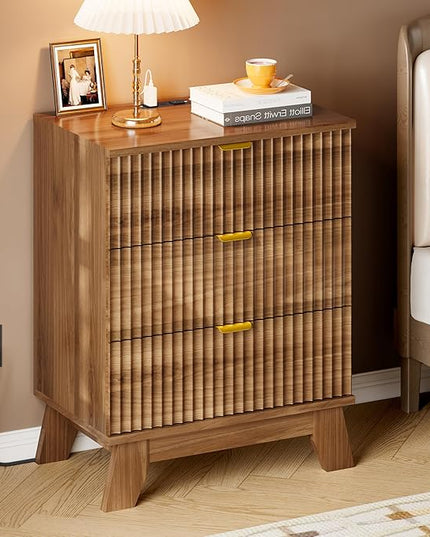 BORNOON 30.5" Nightstand with Charging Station, 3-Drawer Fluted Bedroom Chest, Wood Bedside Dresser with Power Outlets and USB Ports, Stable Base, Modern Storage Cabinet for Small Spaces