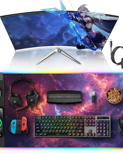 TopMade RGB Gaming Mouse Pad with 15W Wireless Charging, 31.5” x 15.8” XXL Large Desk Mat Home Office Keyboard Pad for Desk, Waterproof Mousepad with Smooth Surface, Non-Slip Base, Galaxy Nebula