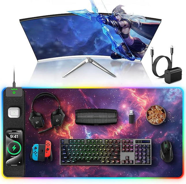 TopMade RGB Gaming Mouse Pad with 15W Wireless Charging, 31.5” x 15.8” XXL Large Desk Mat Home Office Keyboard Pad for Desk, Waterproof Mousepad with Smooth Surface, Non-Slip Base, Galaxy Nebula