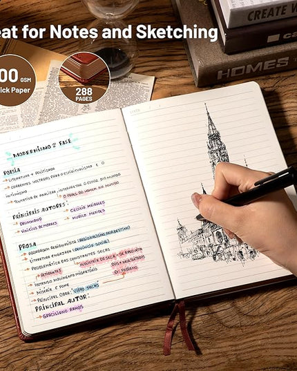 CAGIE Compass Leather Notebook Journal for Men, 100 GSM 288 Pages Lined Journals for Writing, A5 Hardcover Journaling Notebooks Gift Set with Pen for Travel Office Daily Writing