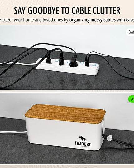 DMoose Cable Management Box - 2 Pack Medium & Large Cord Organizer for Desk & Floor, Cable Organizer Box for Child & Pet - Cable Box Hider for Tidy Office & Home (Wood Print Lid, White Box, Pack of 2)