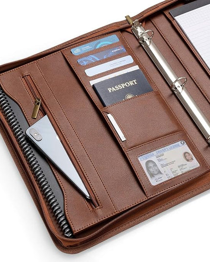 Forevermore Portfolios Portfolio Organizer - 3 Ring Binder with Notepad - 1.5 Inch Rings - Zippered Storage Pockets for Papers, Travel Documents, Presentation Folder, Cards, Passport, Tickets - Brown