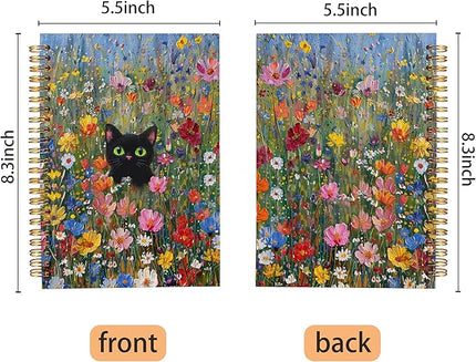 Colorful Floral Cat Spiral Notebook Journal 5.5x8.3, Gifts for Cat Lovers Women, Cottagecore Moody Black Kitten Journal for Women, Rustic Flower Journaling Notebooks