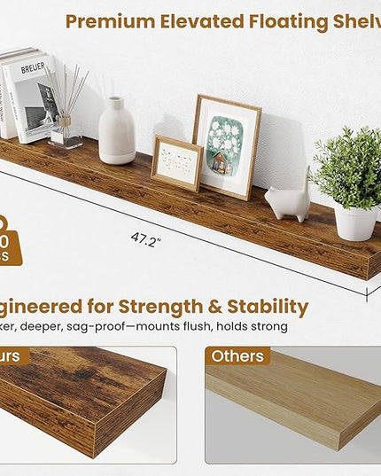 Fun Memories Floating Shelves 48 Inch, Extra Large Wood Shelf Set of 2, Hanging Wall Shelves for Bathroom, Living Room, Kitchen, Bedroom, Rustic Brown
