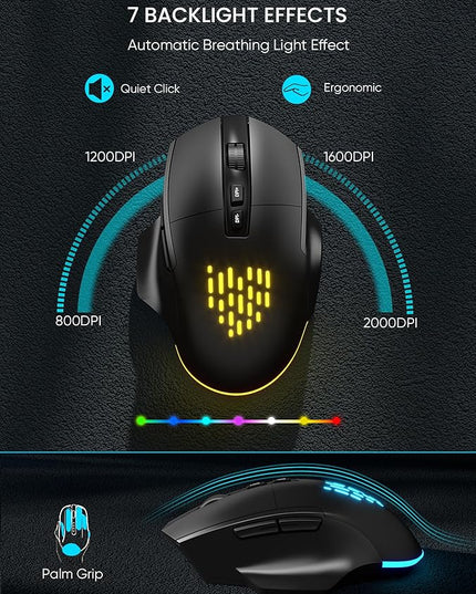 SABLUTE Wireless Keyboard and Mouse Combo - Ergonomic Wave Keyboard with Soft Leather Wrist Rest, Phone Holder, Rechargeable, RGB Backlit Mouse, Full-Size Set for Windows/Mac/Computer (Black)
