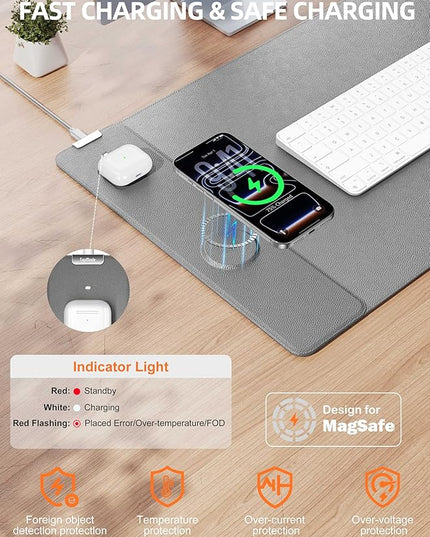 TopMade Mouse Pad with 15W Wireless Charging, XXL Large Leather Desk Mat, Waterproof Gaming Mousepad Home Office Desk Pad Protector, Computer Keyboard Pad, Mouse Mat for MacBook, PC, Laptop, Gray