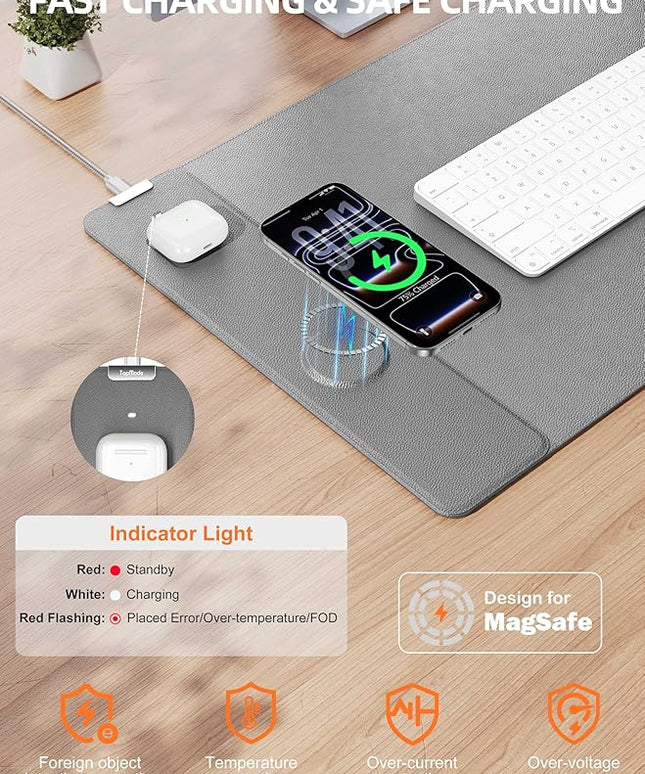 TopMade Mouse Pad with 15W Wireless Charging, XXL Large Leather Desk Mat, Waterproof Gaming Mousepad Home Office Desk Pad Protector, Computer Keyboard Pad, Mouse Mat for MacBook, PC, Laptop, Gray