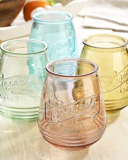 Wine Glasses Set Of 4 Assorted Colored Stemless Glasses 21 OZ. Original Mason Large Wine Cup, Red and White Wine Drinking Water Glasses. Juice, Cocktails, Smoothies, Vintage Bar