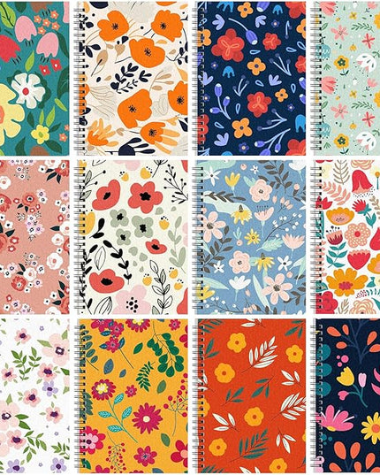 Fuutreo 12 Pcs Spiral Notebook for Work A5 8.3 x 5.7 Inch College Ruled Spiral Journal Notebook Kraft Cover Ruled Paper, 12 Color, 60 Sheets, 120 Pages for Office School(Floral Color)