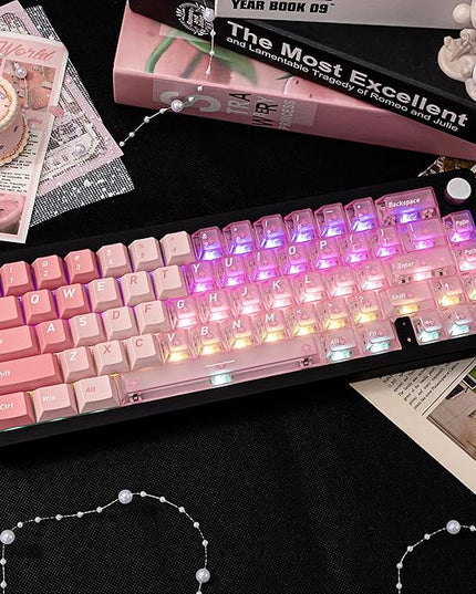 PBT and PC Material Key caps, Minimalist Gradient Pink Transparent Keycap, Crystal Custom Key Cap 160 Keys, Cherry Profile Keycap Set for Cherry Gateron MX Switches Mechanical Keyboard
