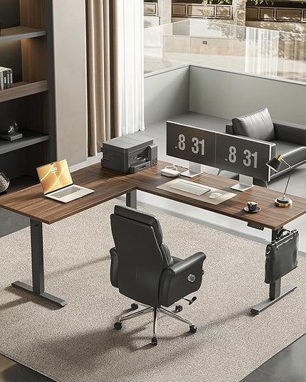 Agilestic Triple Motors 73" x 60" L Shaped Standing Desk, Electric Standing Desk Adjustable Height, Extra Large Desktop Corner Table for Home Office, Gaming Workstation, Splice Board, Dark Walnut