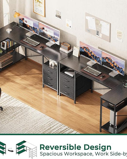Huuger L Shaped Office Desk with Power Outlets, 55 Inch Computer Desk with 3 Drawers, Shelves, Reverisble for Gaming Corner Work Home Office Study, Black