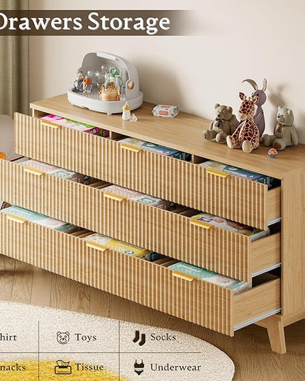 BORNOON 63" Long Dresser for Bedroom, 9-Drawer Fluted Dresser, Extra-Wide Wood Chest of Drawers with Smooth Metal Slides, Stable Base, Modern Clothes Storage Cabinet for Living Room, Hallway, Nursery