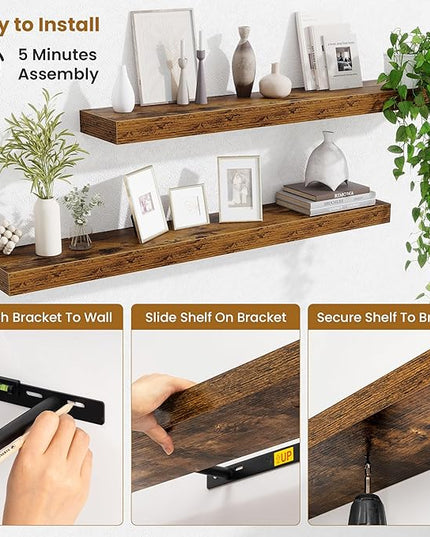 Fun Memories 40 Inch Floating Shelves, Long Wood Wall Shelf Set of 2 with Invisible Brackets, for Bathroom, Living Room, Bedroom, Kitchen, Rustic Brown