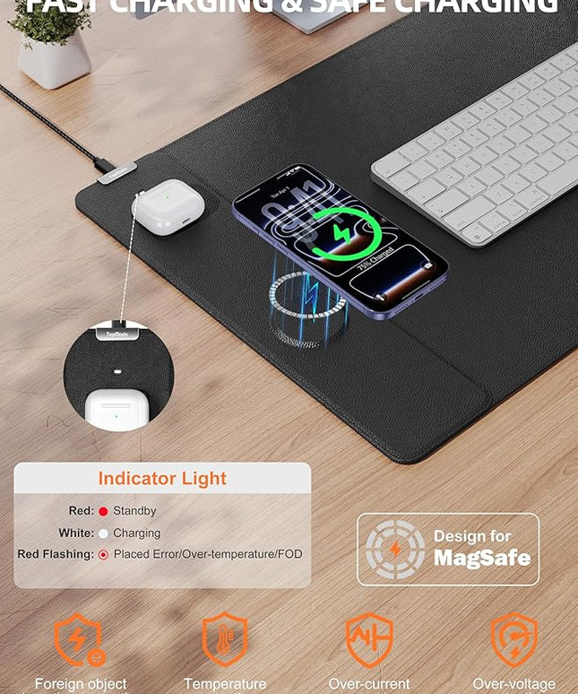 TopMade Mouse Pad with 15W Wireless Charging, XXL Large Leather Desk Mat, Waterproof Gaming Mousepad Home Office Desk Pad Protector, Computer Keyboard Pad, Mouse Mat for MacBook, PC, Laptop, Black