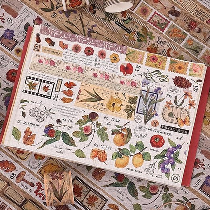 20 Rolls Vintage Washi Tape Set, Floral Letter Butterfly Mushroom Botanical Flower Writable Decorative Tapes for Scrapbooking , Junk Journal Supplies, Bullet Journaling 10-60mm Wide 6.56ft long/Roll
