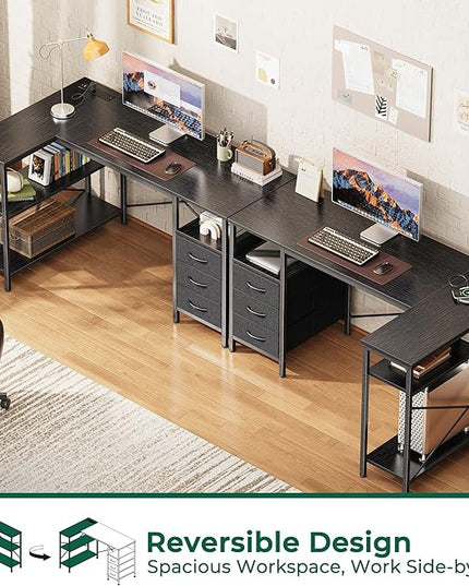 Huuger L Shaped Office Desk with Power Outlets, 47 Inch Computer Desk with 3 Drawers, Shelves, for Gaming, Corner Work, Home Office, Study, Black
