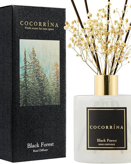 COCORRÍNA Reed Diffuser - Black Forest 17 Fl.oz Reed Diffuser with 8 Sticks Scented Diffuser with Preserved Flowers for Bathroom Home Decor