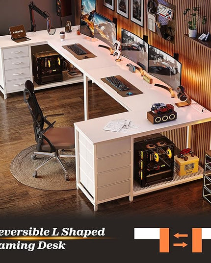 PRAISUN 53" L Shaped Desk with Power Outlets and USB-C Port, Reversible Computer Corner Office Desk with 4 Fabric Drawers and 2 Height-Adjustable Shelves, Large for Gaming Writing Work Study, White