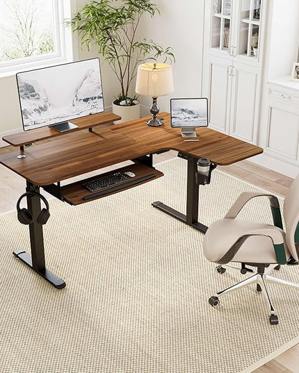 EUREKA ERGONOMIC Standing Desk Electric Adjustable Height (61"x43") Computer Desk with Keyboard Tray Sit Stand Desk L Shaped Desk for Work/Home Office,Dual Motor,Memory Presets,2 USB/RGB,Walnut/Right