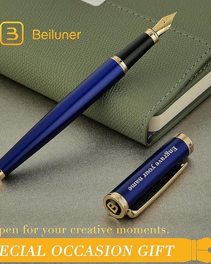 BEILUNER Blue Personalized Fountain Pen,Stunning Luxury Lacquer,24K Gilded Nib(Fine),Gorgeous 24K Gold Finish, Ink Converter,Fancy Gift for Men&Women-Elegant, Graduation,Nice Pens for Writing