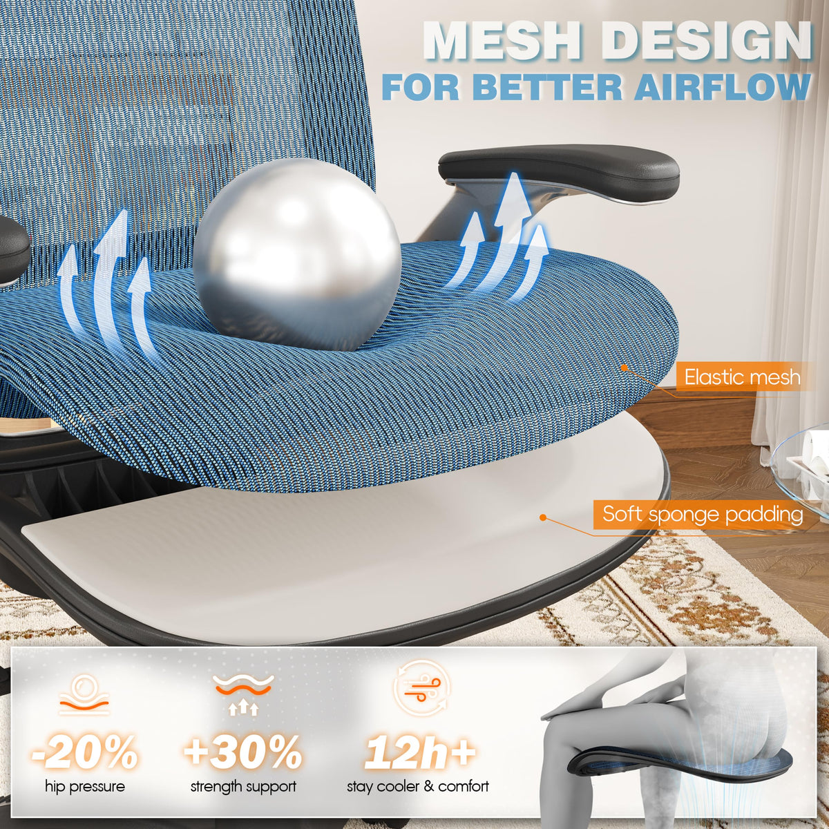 GABRYLLY Ergonomic Office Chair, High Back Home Desk Chair with 2D Flip-Up Arms, 3D Headrest, 90-120° Tilt and Wide Cushion, Big and Tall Mesh Chairs for Man Woman, Blue Computer Task Chair