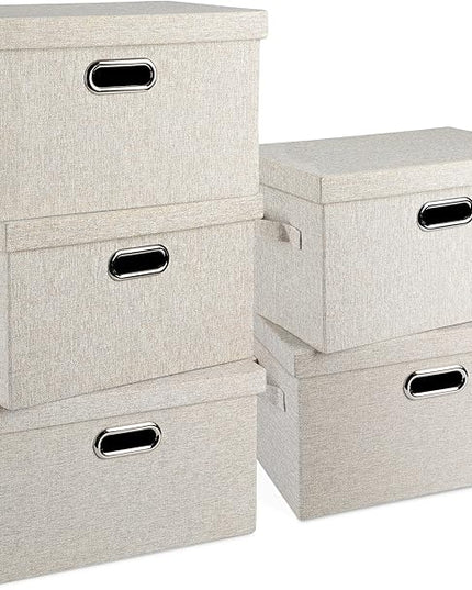 Medium 15" 21 Quart Collapsible Stackable Storage Bins with Lids, 5 Packs Beige Foldable Fabric Closet Boxes Heavy-duty Linen Cube Baskets Container for Bedroom Office (15 x 11 x 8)