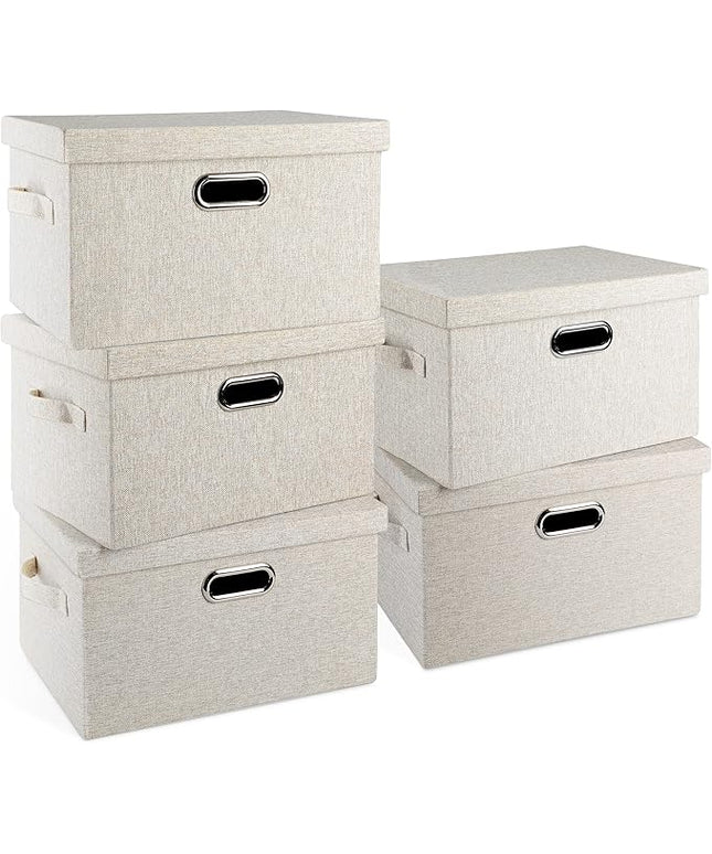 Medium 15" 21 Quart Collapsible Stackable Storage Bins with Lids, 5 Packs Beige Foldable Fabric Closet Boxes Heavy-duty Linen Cube Baskets Container for Bedroom Office (15 x 11 x 8)