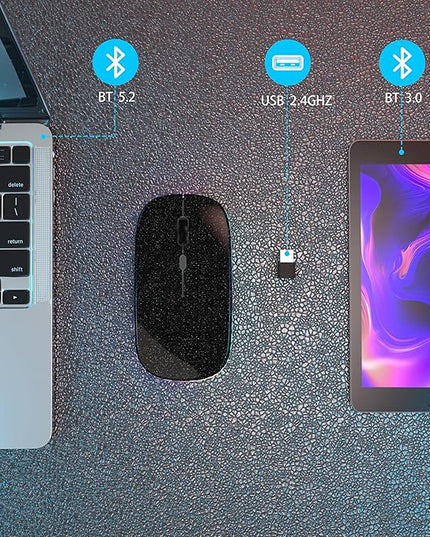 Wireless Bluetooth Mouse Rechargeable Laptop Mice Use Portable(Bluetooth5.2 and USB 2.4G) Dual Mode Connection Silent Slim Computer Mouse for Laptop/iPad Tablet/Apple MacBook/PC(Bright Black)