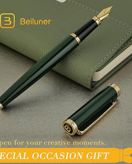 BEILUNER Racing Green Fountain Pen,Stunning Luxury Pens with 24K Gold Finish, Gorgeous 24K Gilded Nib(Fine), Trustworthy Gift for Men&Women -Ink Converter-Elegant, Graduation,Fancy Pen for Writing
