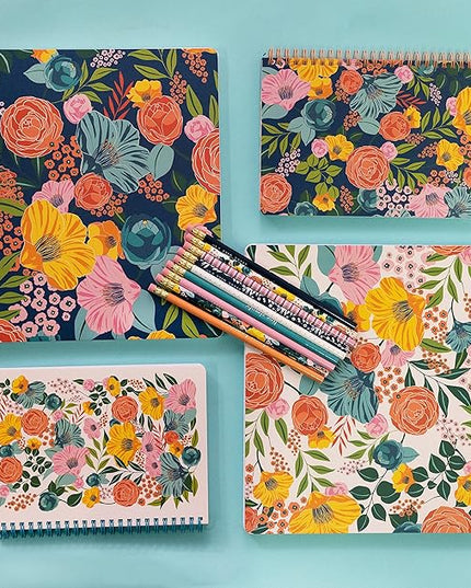 Steel Mill & Co Cute Floral Mini Spiral Notebook, 8.25" x 6.25" Journal with Durable Hardcover and 160 Lined Pages, Garden Blooms (Navy)