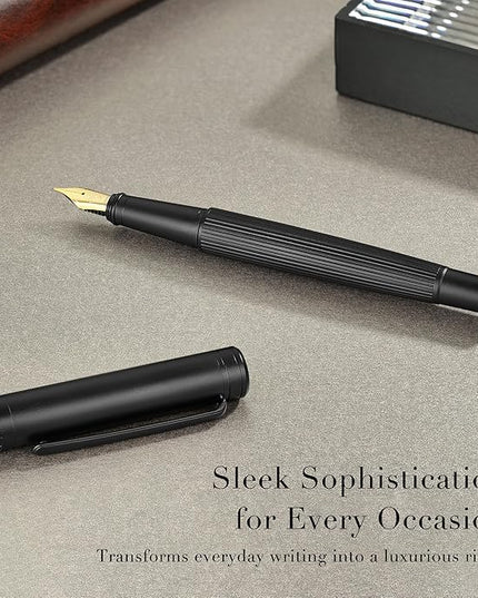 MCNTEIK Matte Black Forest Fountain Pen, Exquisite Vertical Grooving Design, 18K Gilded Nib (Fine), Fancy Pen Gift Set for Men & Women, Professional, Business Signature, Office, Nice Designer Pens