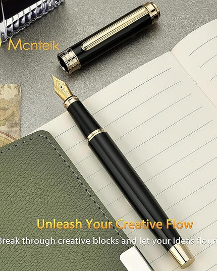 MCNTEIK 317 Fountain Pen,Stunning Luxury Black Piano Lacquer,18K Gilded Nib(Fine),Gorgeous 24K Gold Finish, Ink Converter,Fancy Gift for Men&Women-Elegant,Executive,Office,Nice Pens for Writing